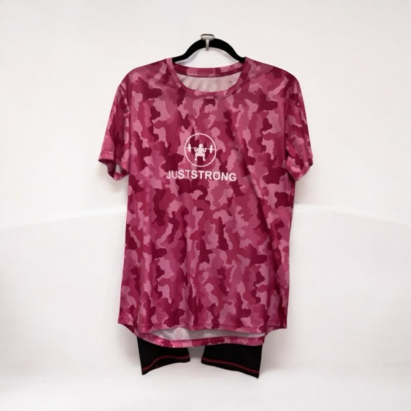 JET BLACK/PINK 3/4 JUST STRONG CAPRI AND PINK CAMOUFLAGE SHIRT, XL WORKOUT SET - Picture 4 of 12